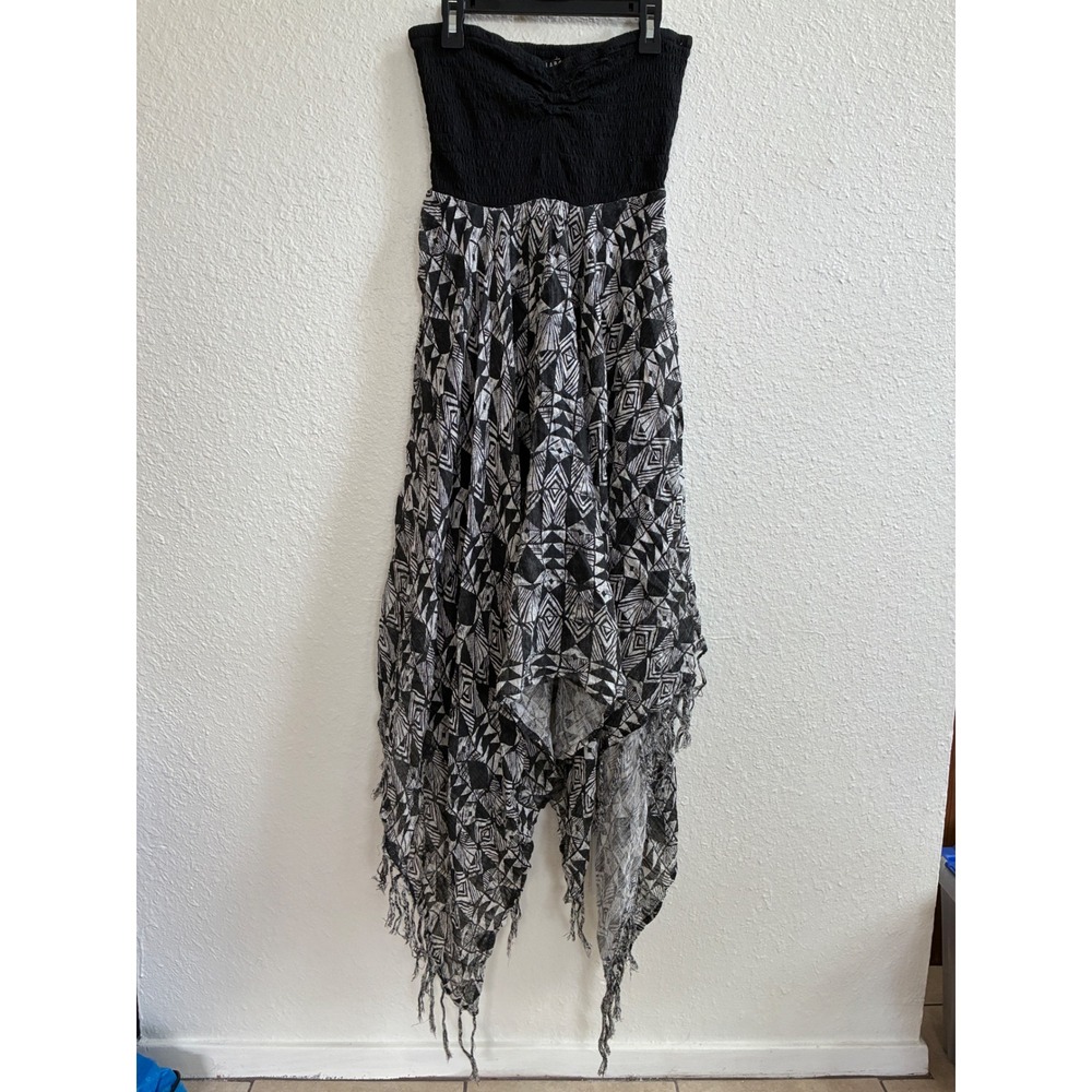 Y2K Billabong Strapless Handkerchief Dress Women Size S Black Gray Tribal Patten